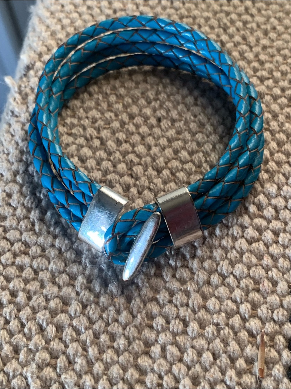 Blue Braided Leather Wrap Bracelet with Silver Hardware